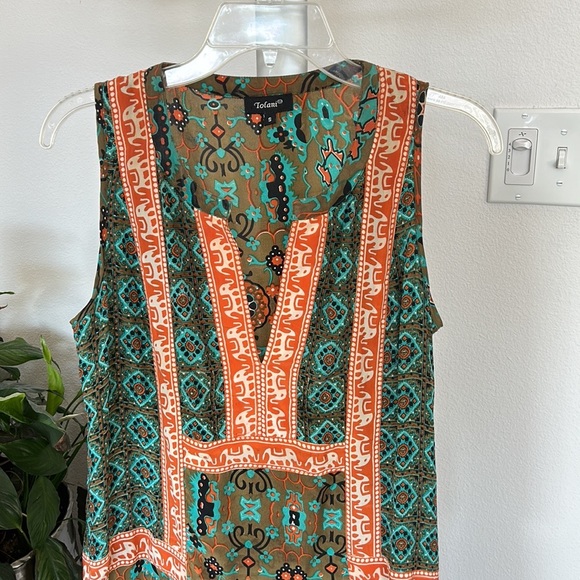 Tolani Boho Reva Silk Mini Dress Sz S peasant Elephant Festival V neck - Picture 3 of 8